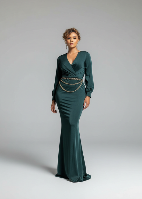 A woman modeling a full-length purple gown with a v-neckline and long, balloon style sleeves. The gown has cross over detailing on the bust and a gathered detailing along the waistline.